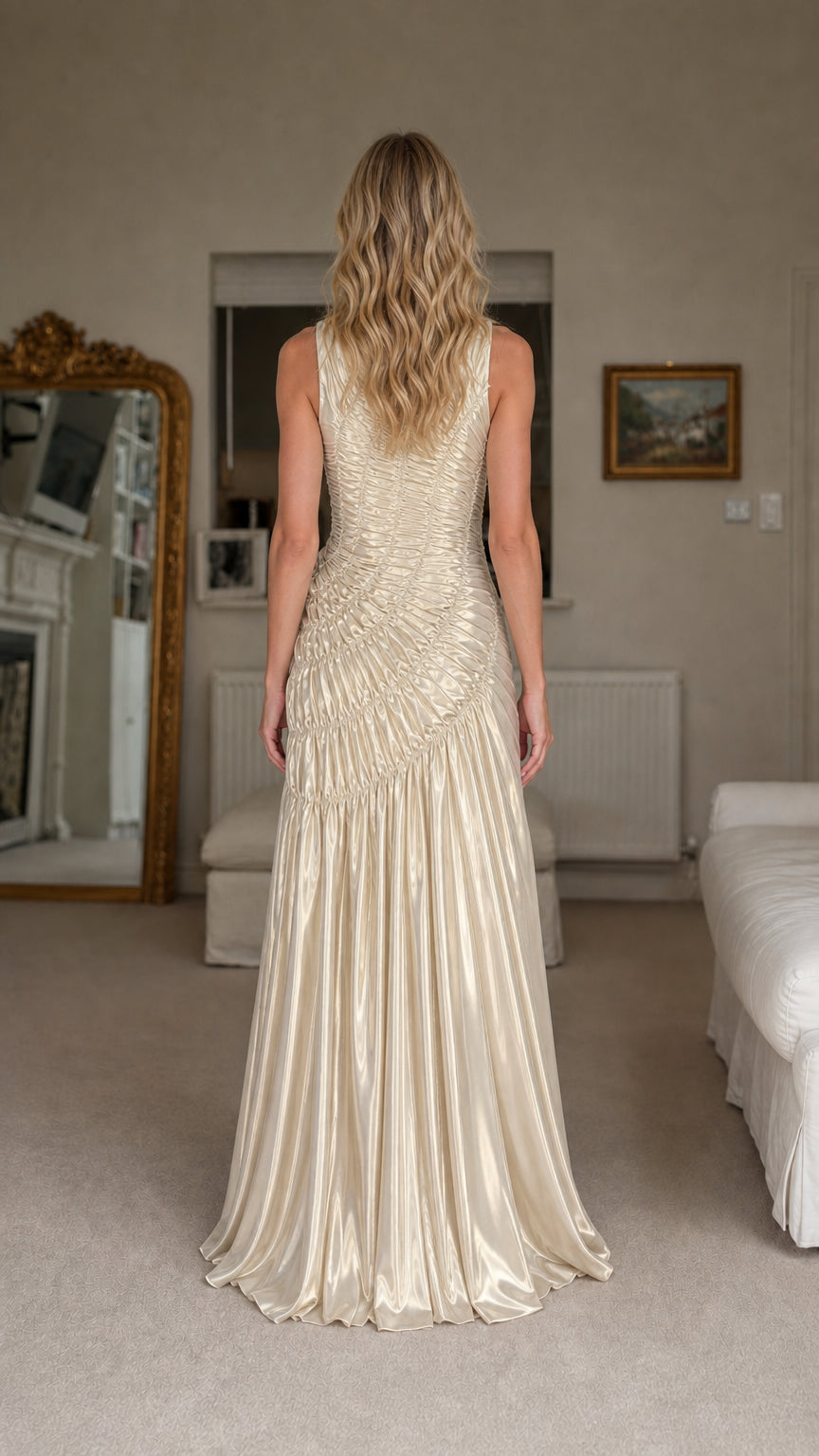 Back view of model in champagne maxi dress