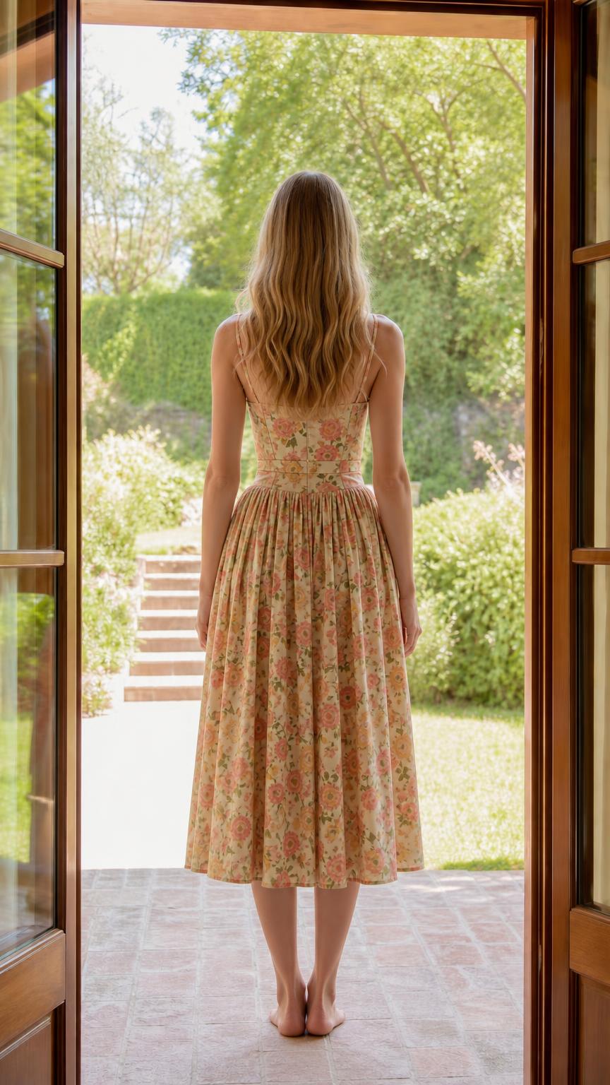 Back view of cream floral midi sundress