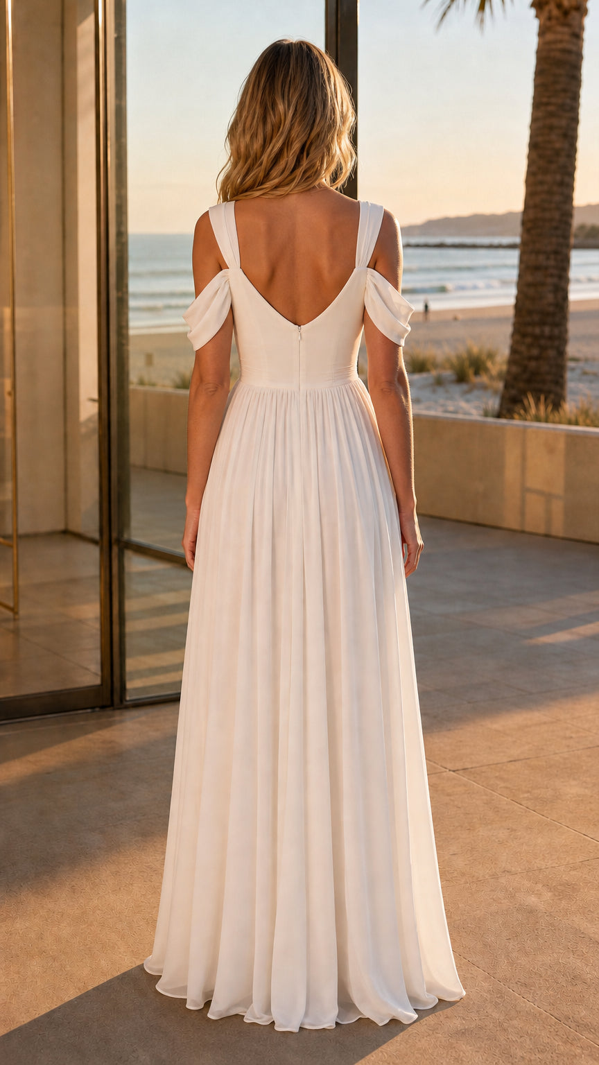 Back view of white cold-shoulder maxi dress