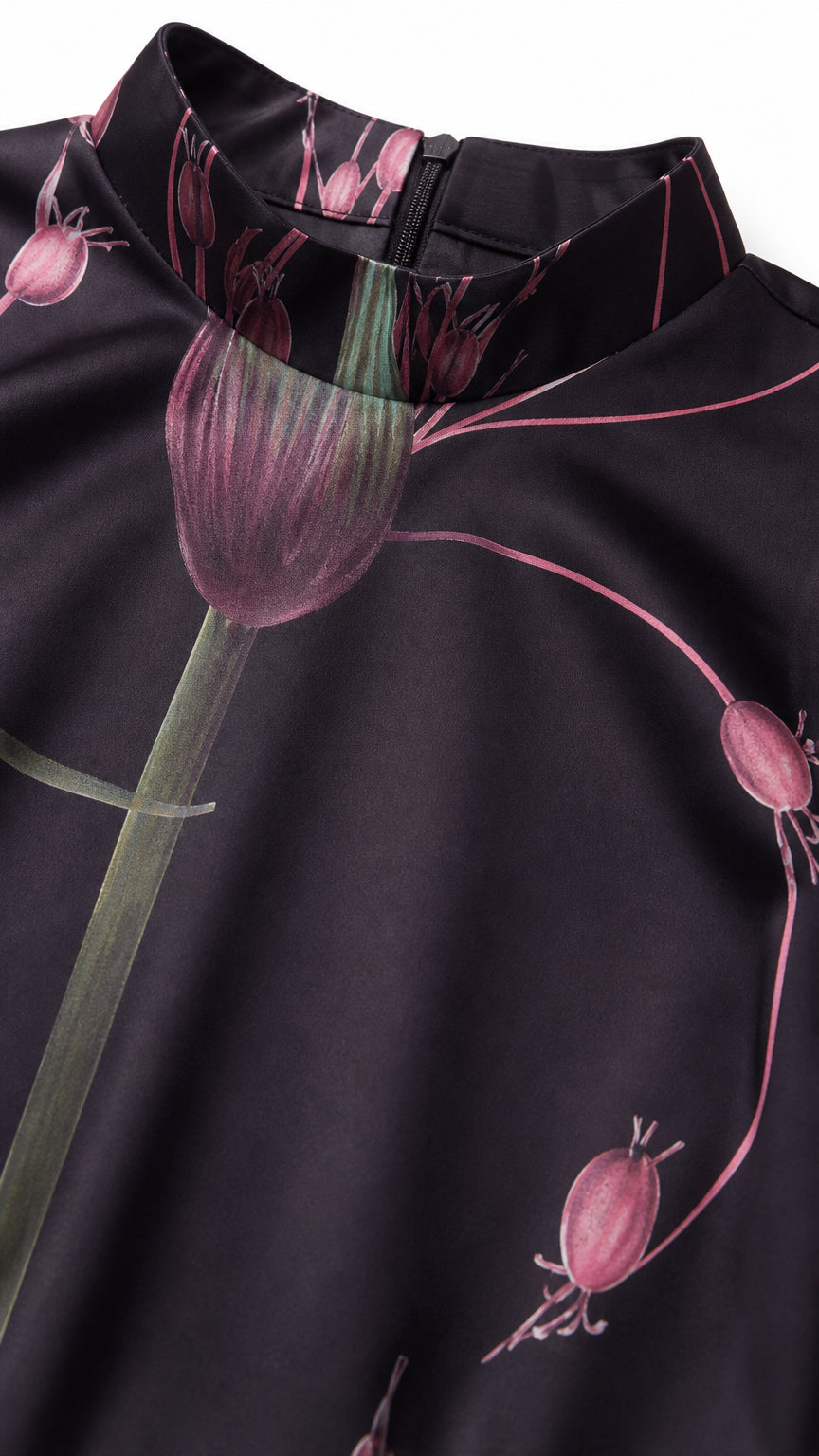 Close-up of mock neck and botanical floral print detail