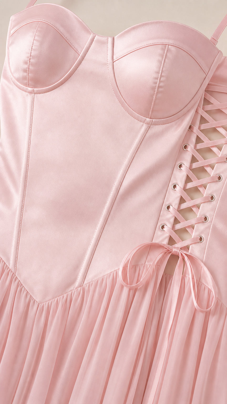 Close-up of satin bodice, sweetheart neckline, and side lacing