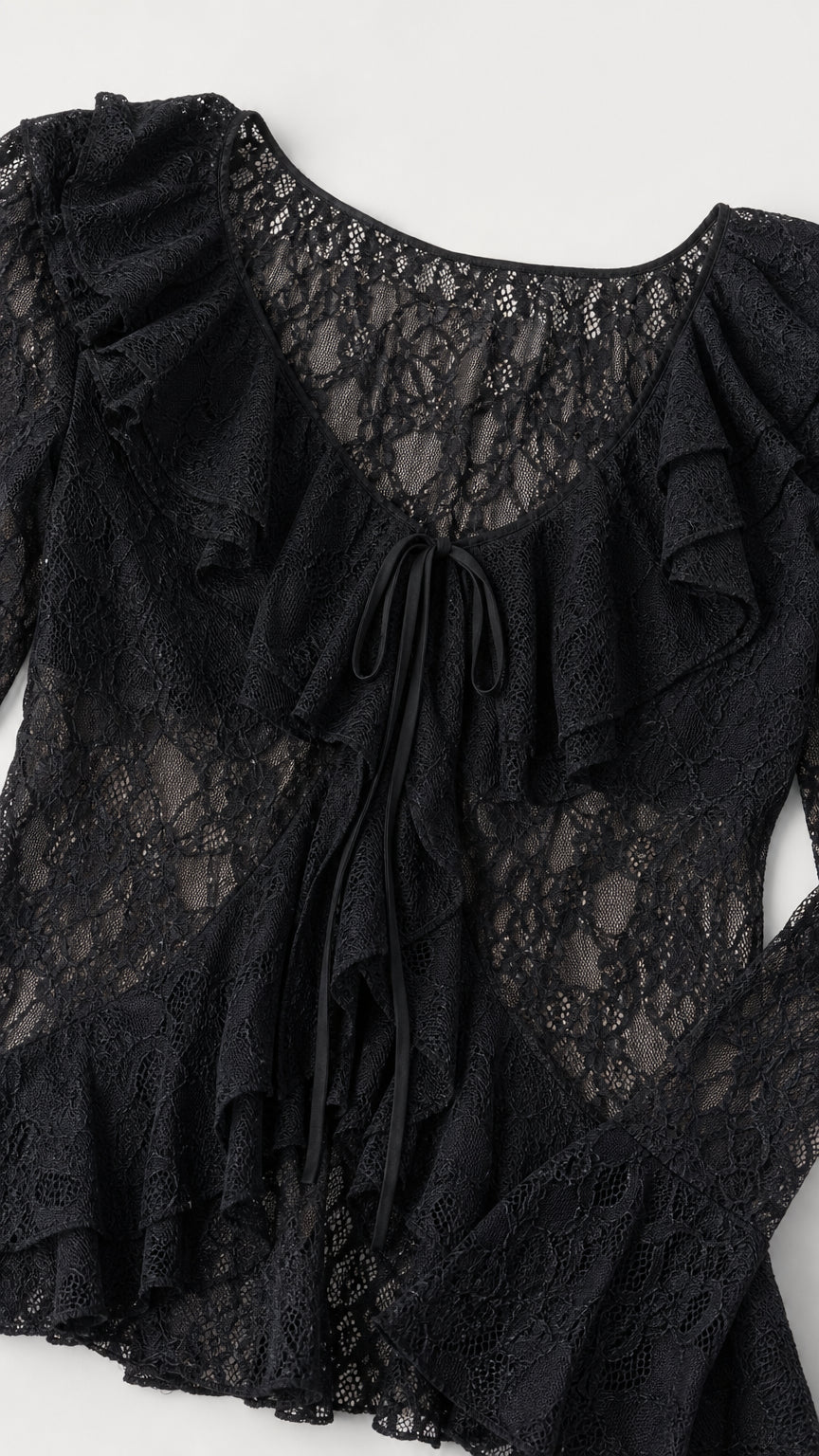 Close-up flat lay of Black lace blouse showing ruffle and tie details