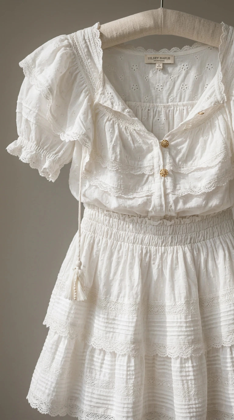 Close-up of white dress showing bodice and button details