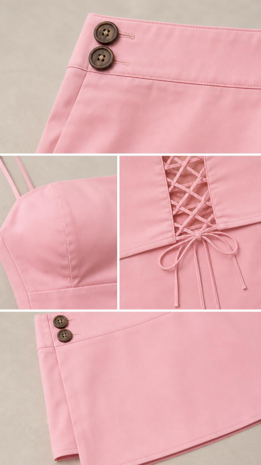 Close-up details of skirt buttons and lace-up back