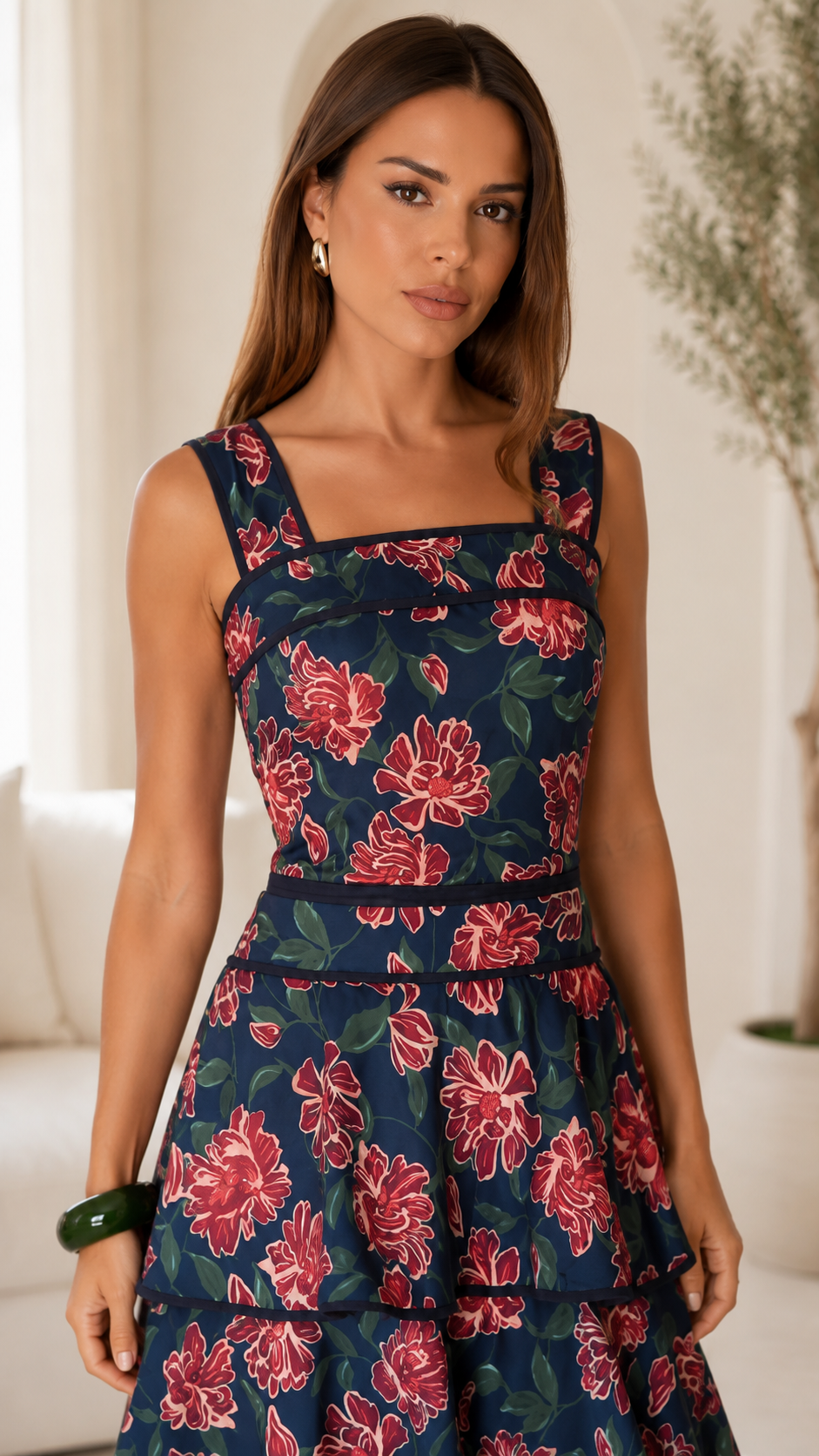 Close-up of navy floral bodice with square neckline and wide straps