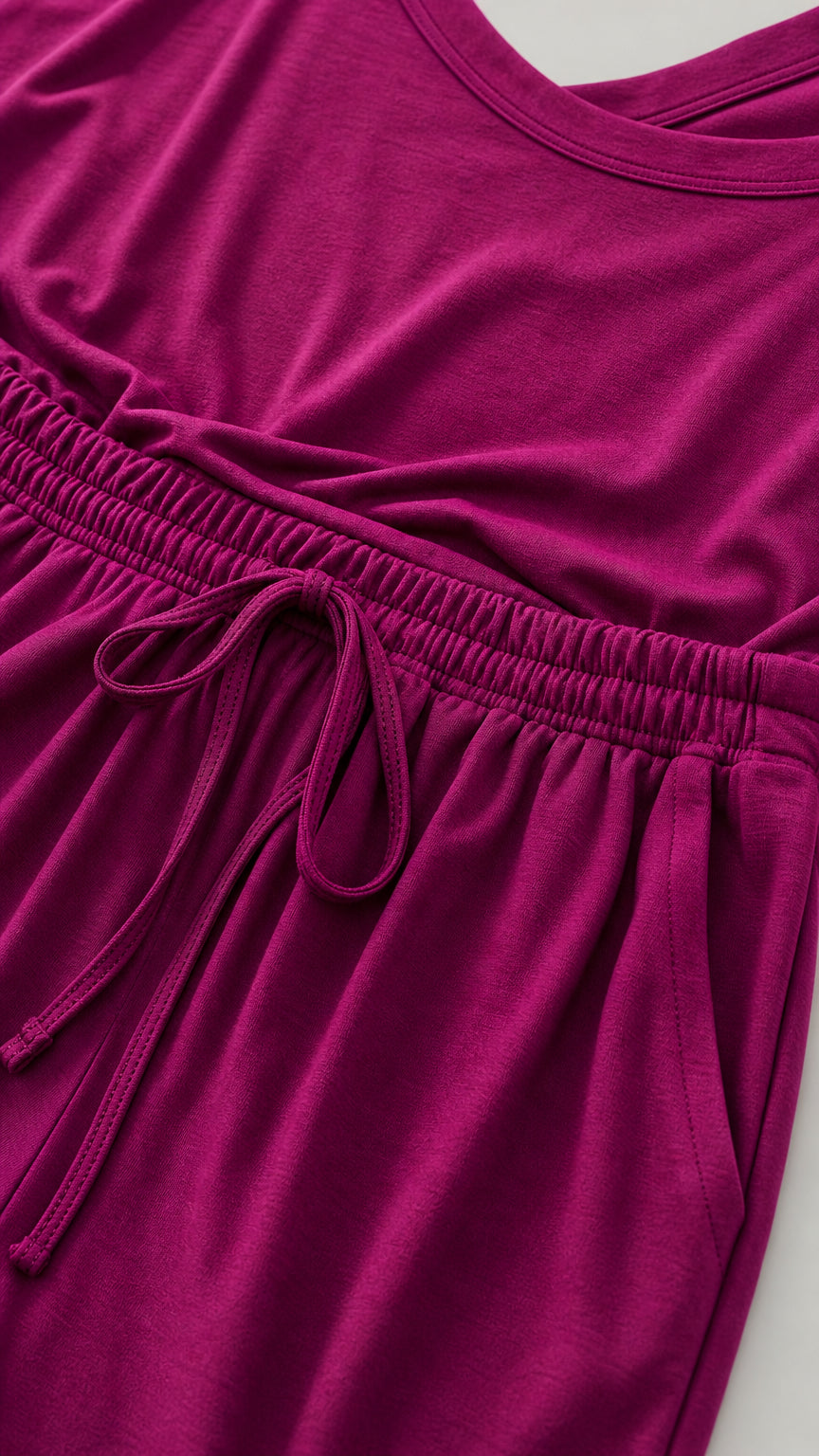 Close-up detail of the elastic drawstring waistband on magenta jumpsuit