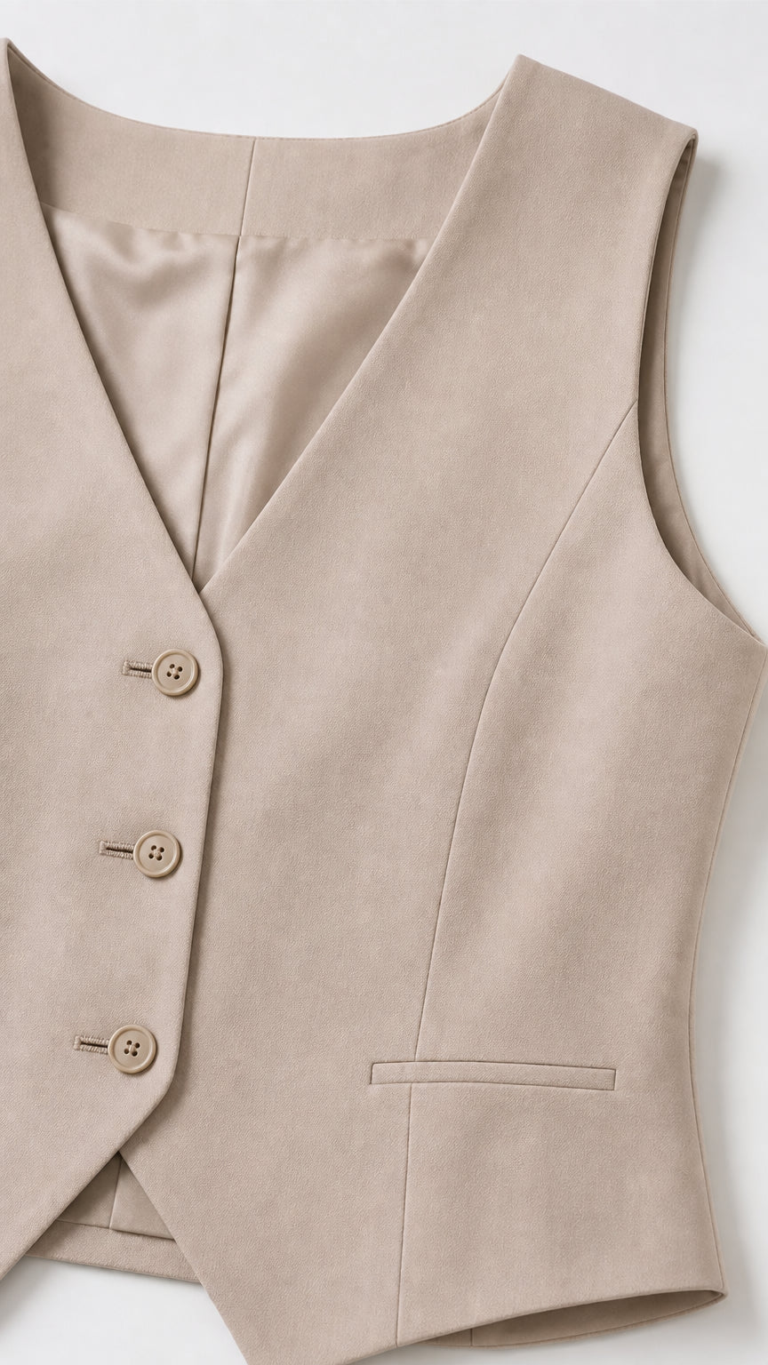 Close-up detail of beige vest neckline and buttons