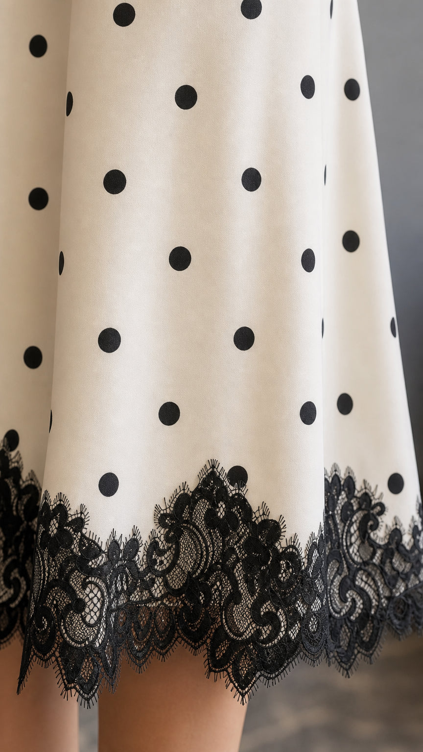 Close-up detail of the polka dot pattern and scalloped black lace hem