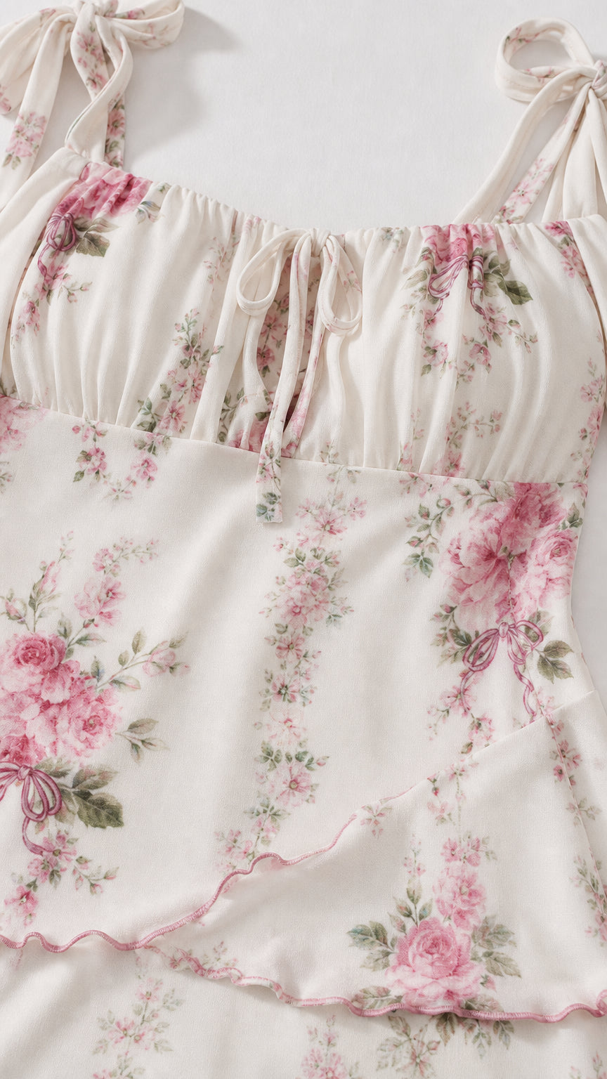 Close-up detail of the gathered bodice and tie straps on ivory floral dress
