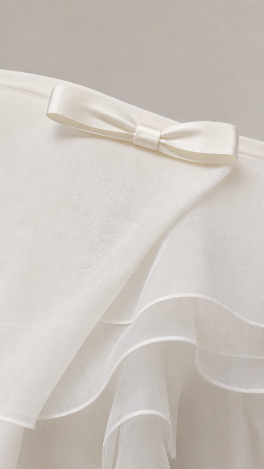 Close-up of front bow detail and layered fabric on white dress