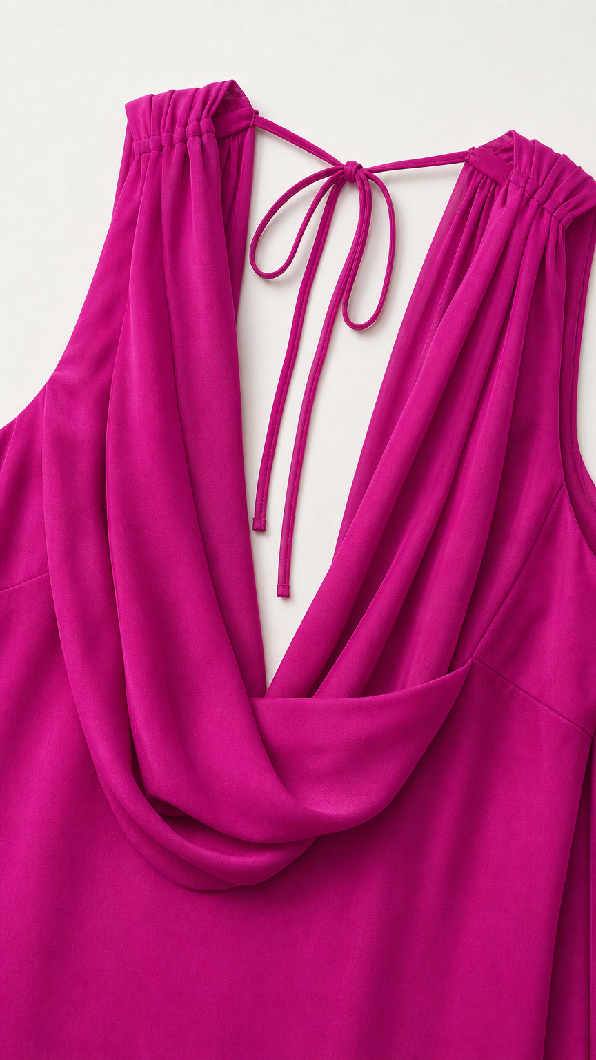 Close-up of cowl neckline and self-tie back straps in fuchsia