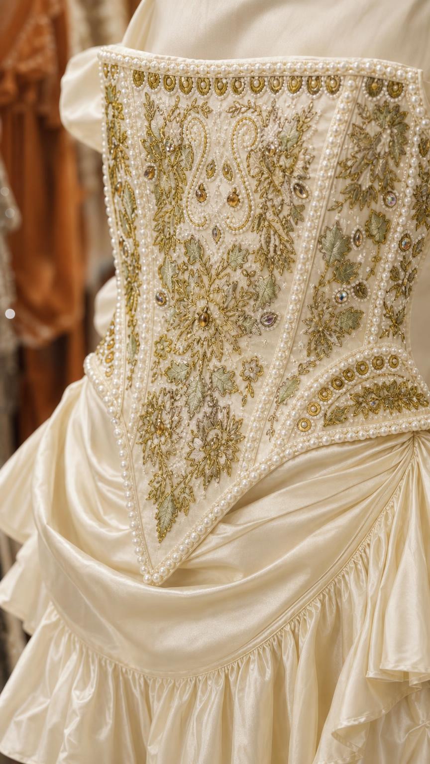 Close-up of embroidered bodice and pearl embellishments