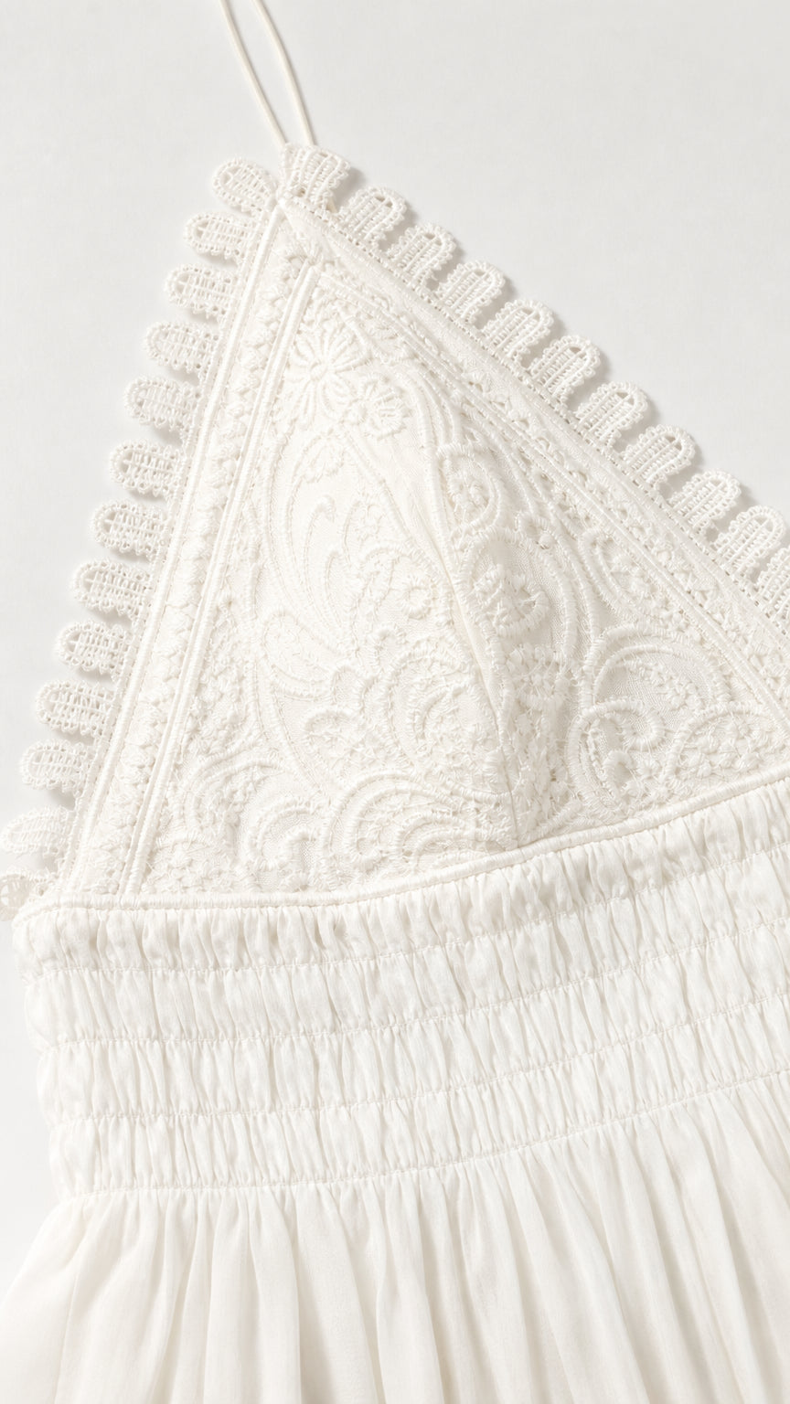 Close-up detail of white lace neckline and smocked bodice