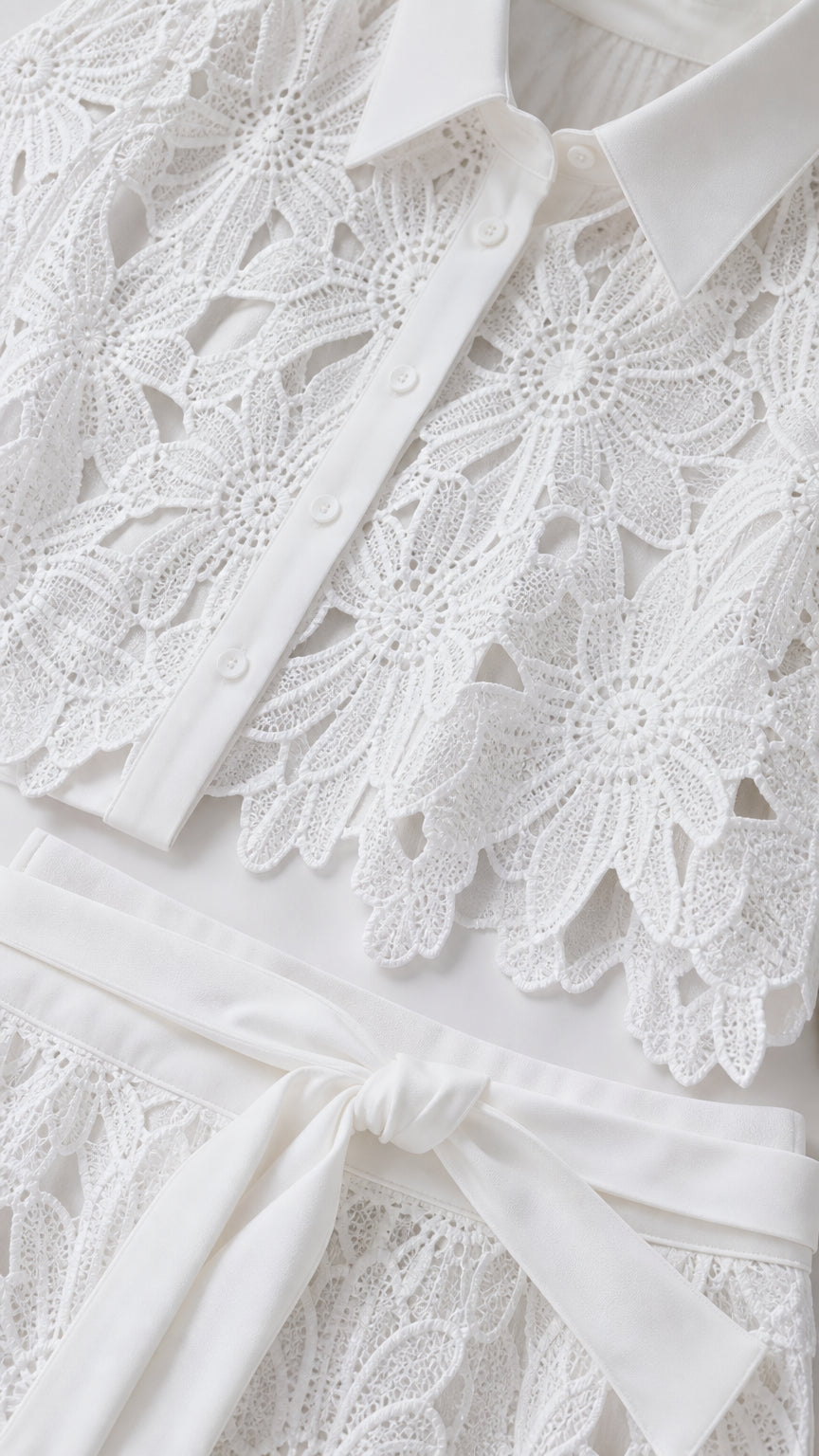 Close-up detail of white lace collar, buttons, and waist tie