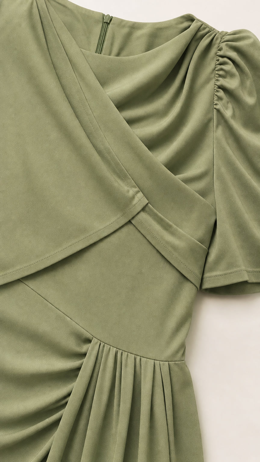 Close-up detail of the asymmetric draped overlay and ruched shoulder