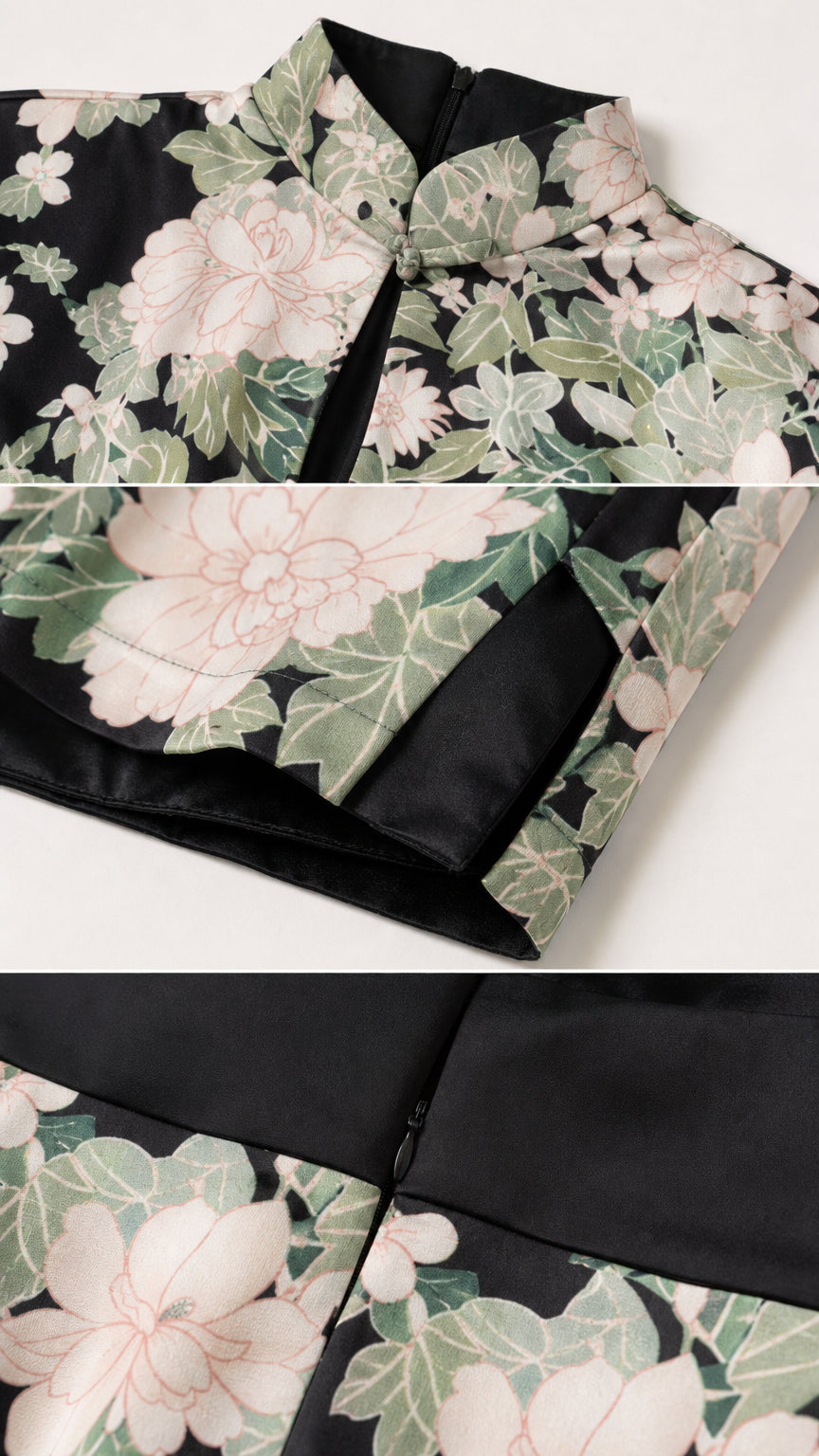Close-up details of collar, hem, and back zipper of the black floral set