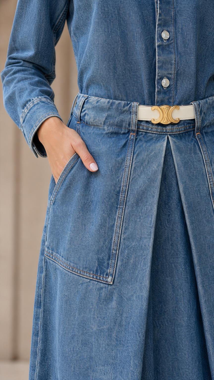 Close-up of pleated skirt and pocket detail on blue denim dress