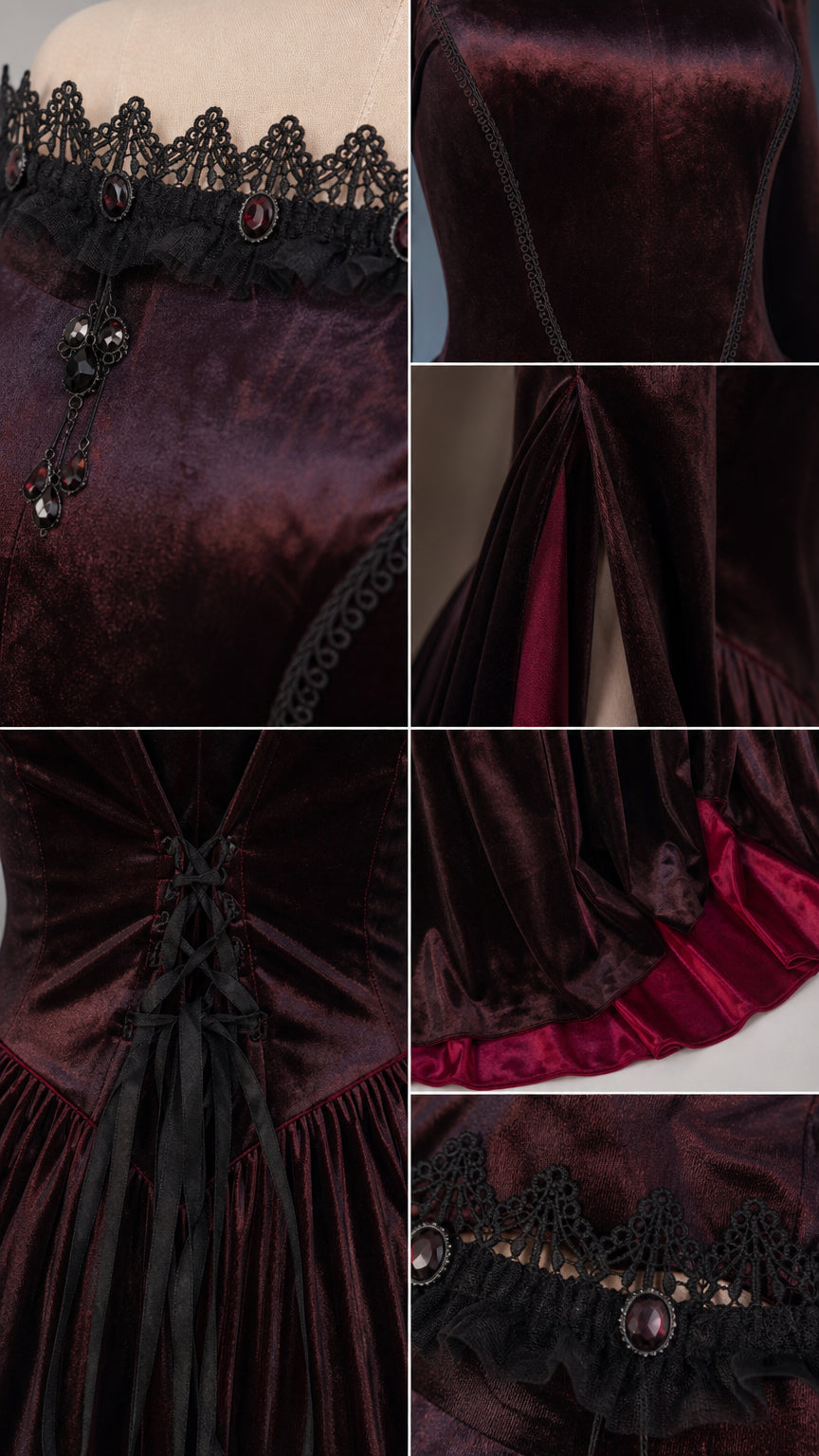 Detailed close-up panels of lace trim, velvet fabric texture, and sleeve slits