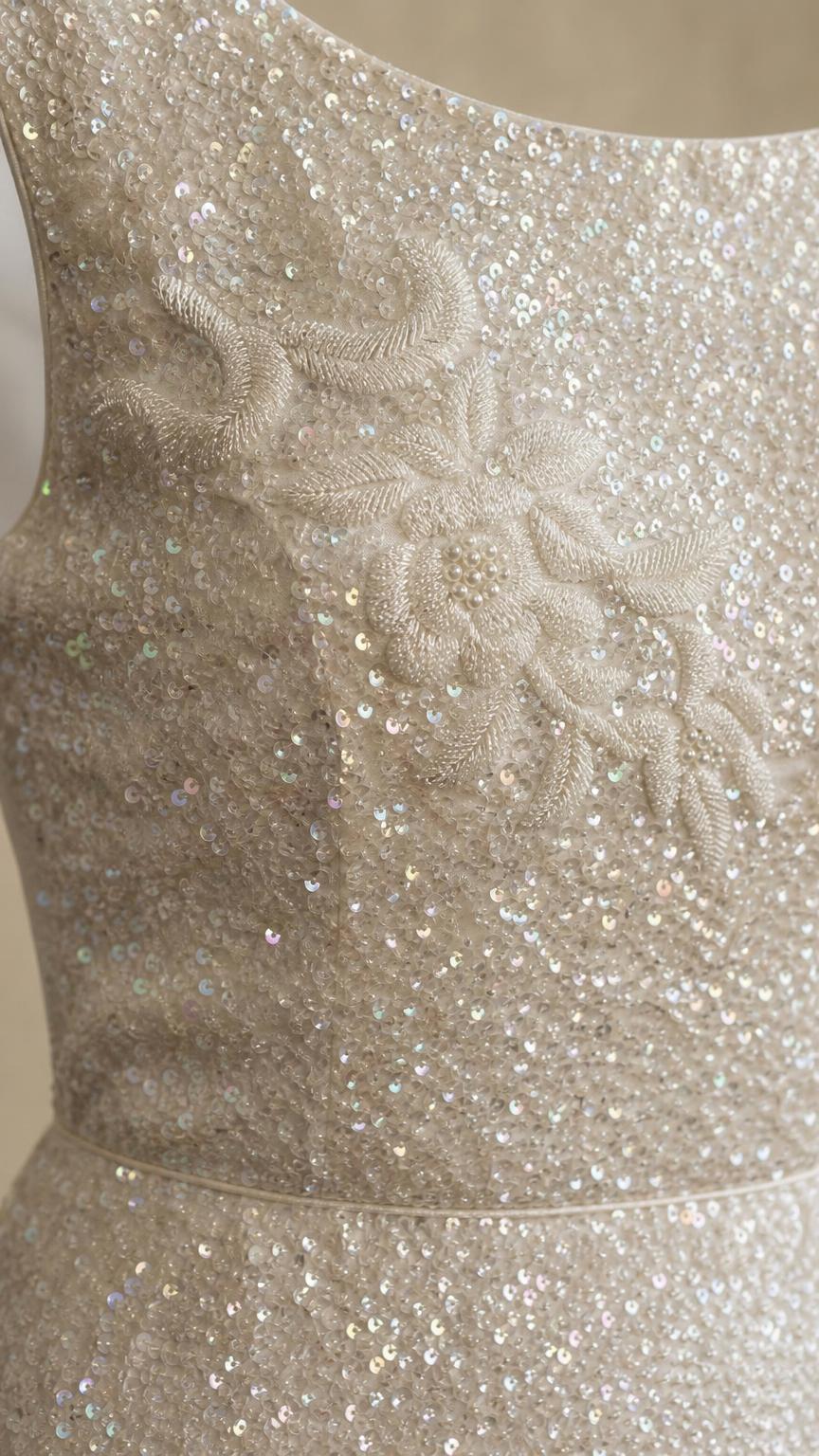 Close-up detail of sequin embroidery on bodice