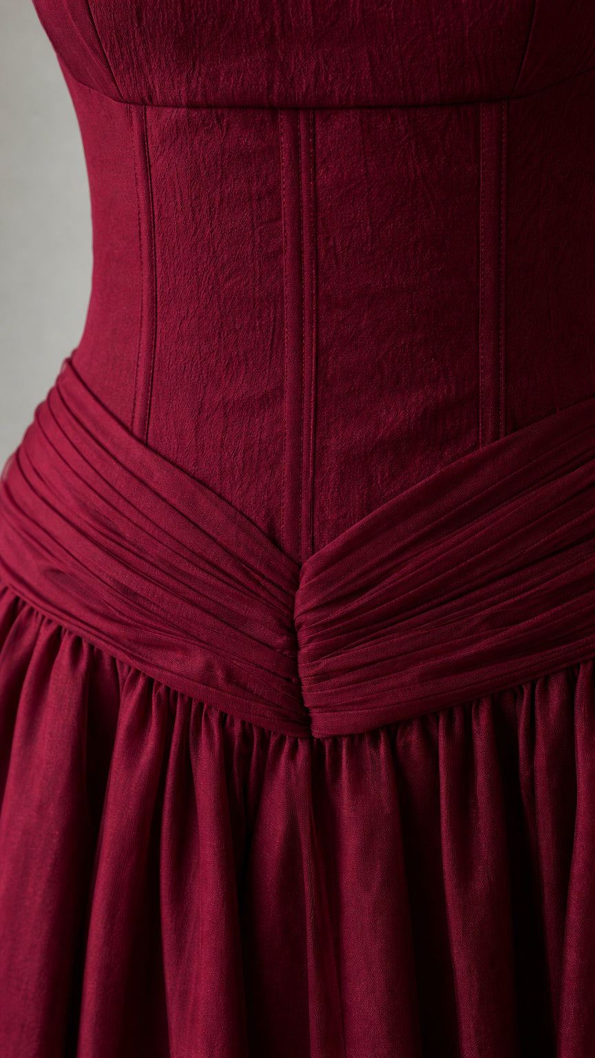 Close-up of structured bodice and pleated waist detail on burgundy gown