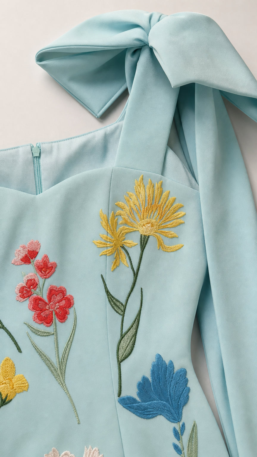 Close-up of floral embroidery and shoulder bow on light blue dress