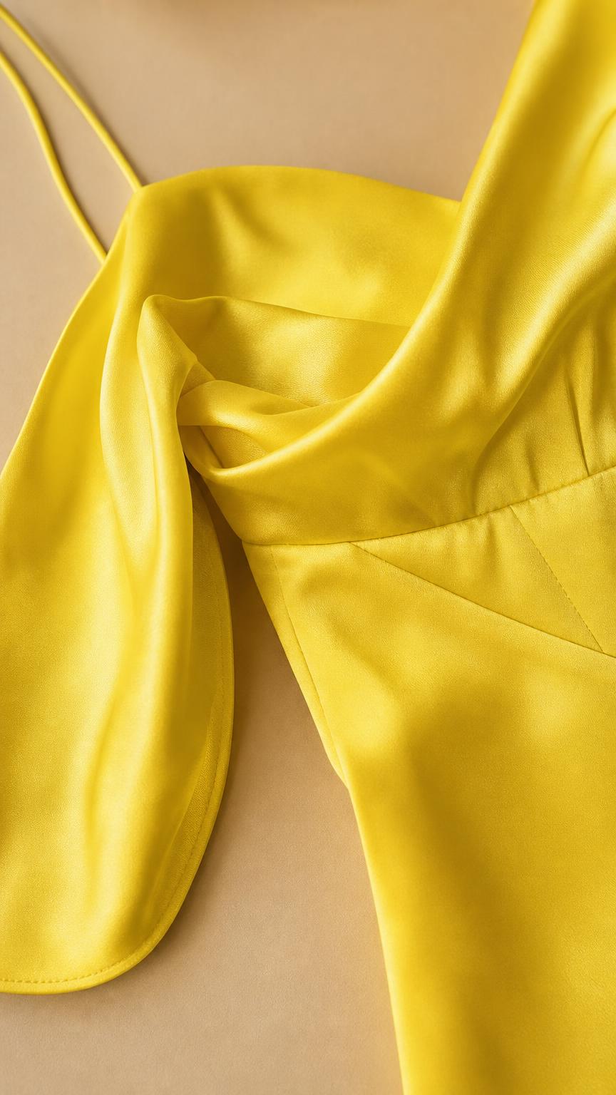 Close-up detail of the cowl neckline and satin fabric in yellow