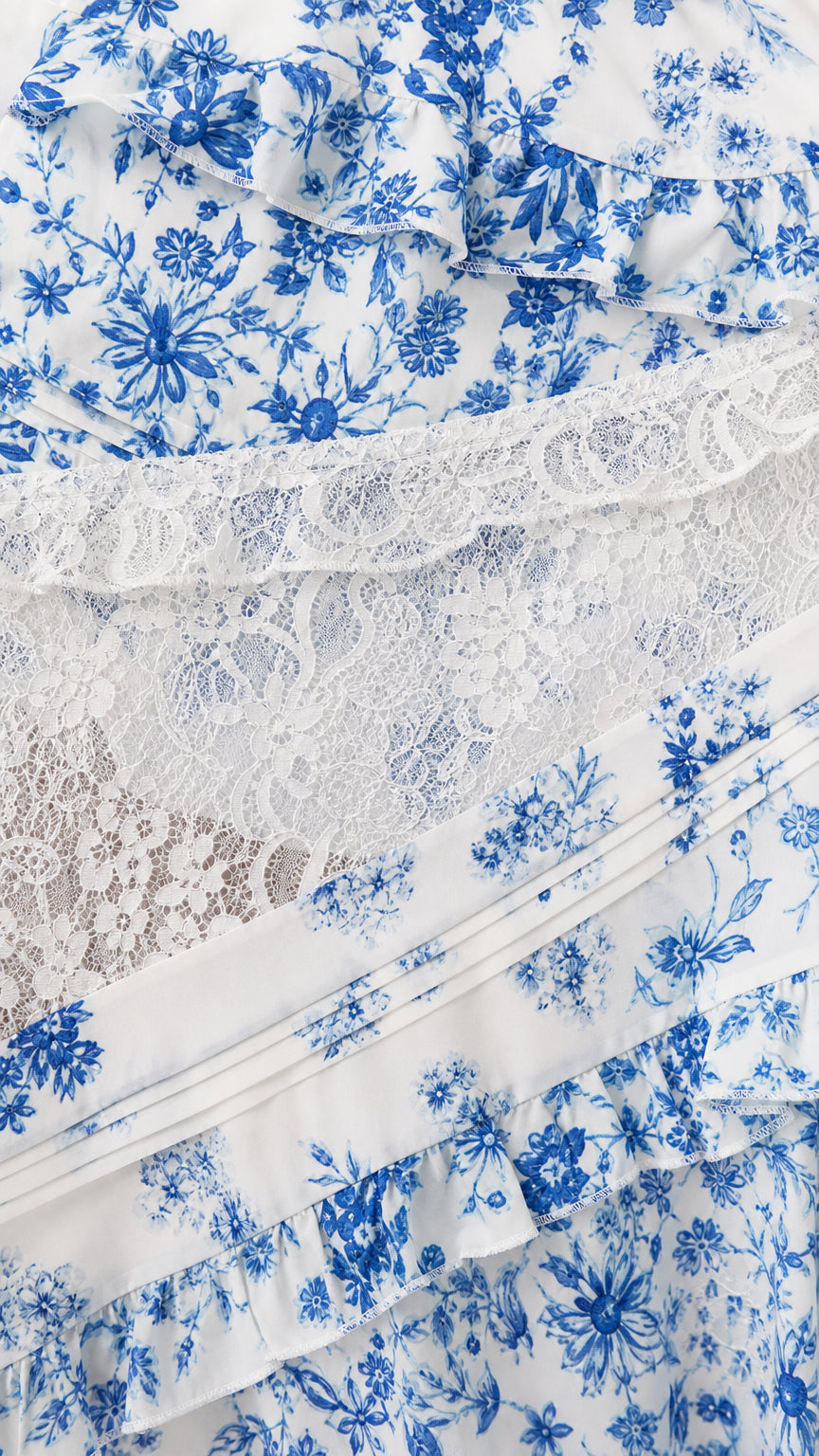 Close-up detail of floral print fabric and sheer lace panels