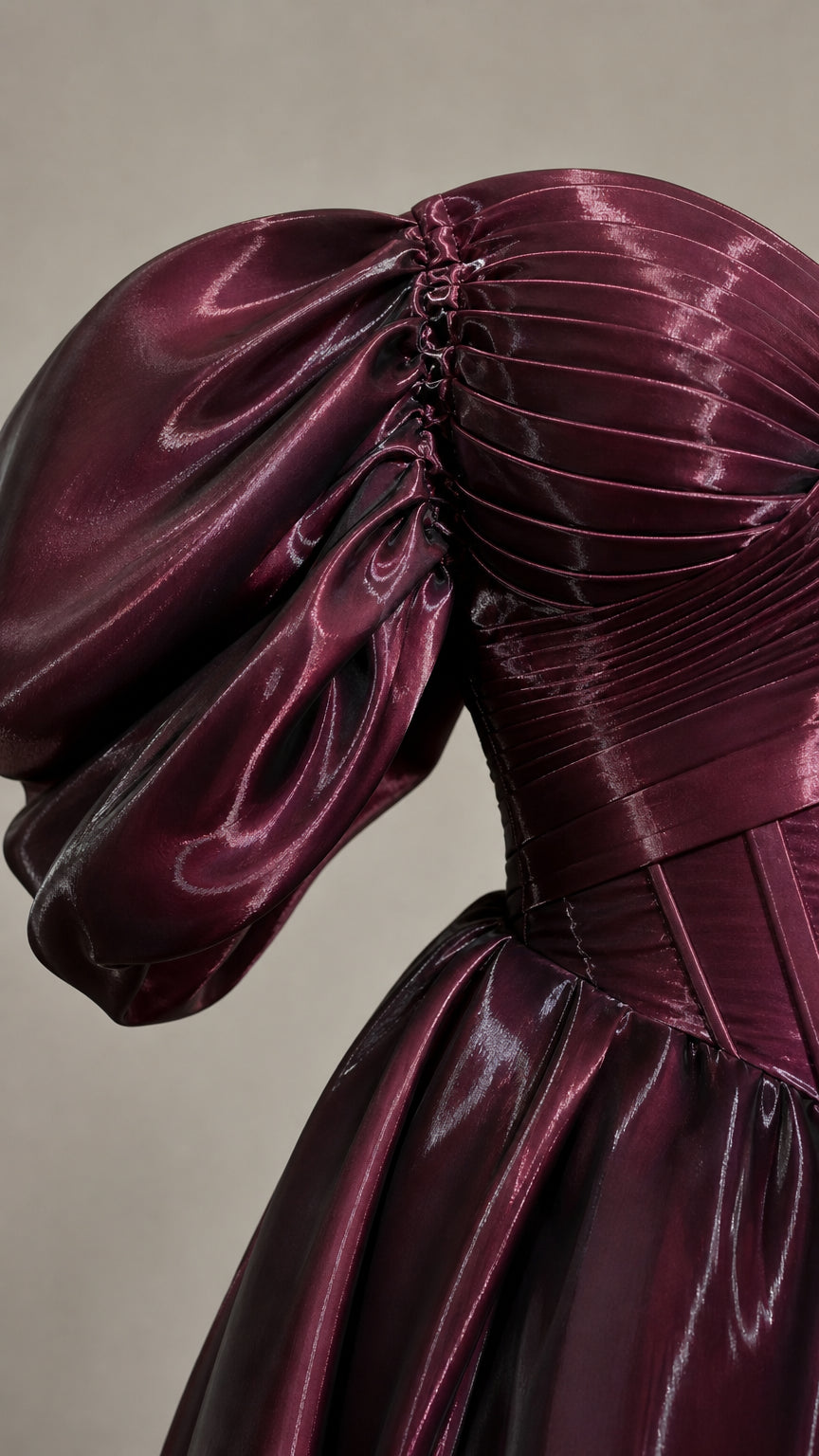 Close-up of puffed sleeve and pleated bodice texture