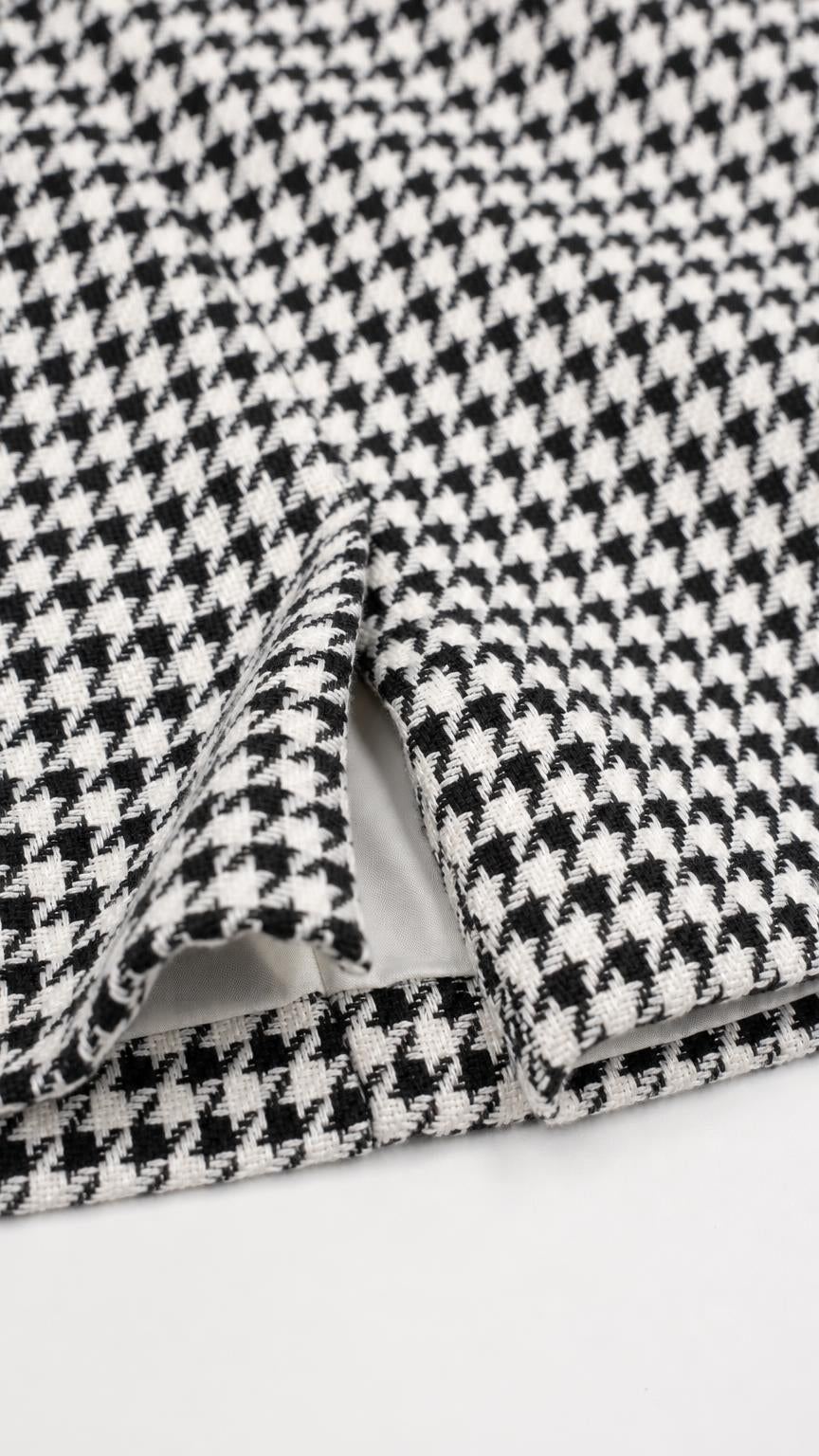 Close-up of black houndstooth fabric and hem detail