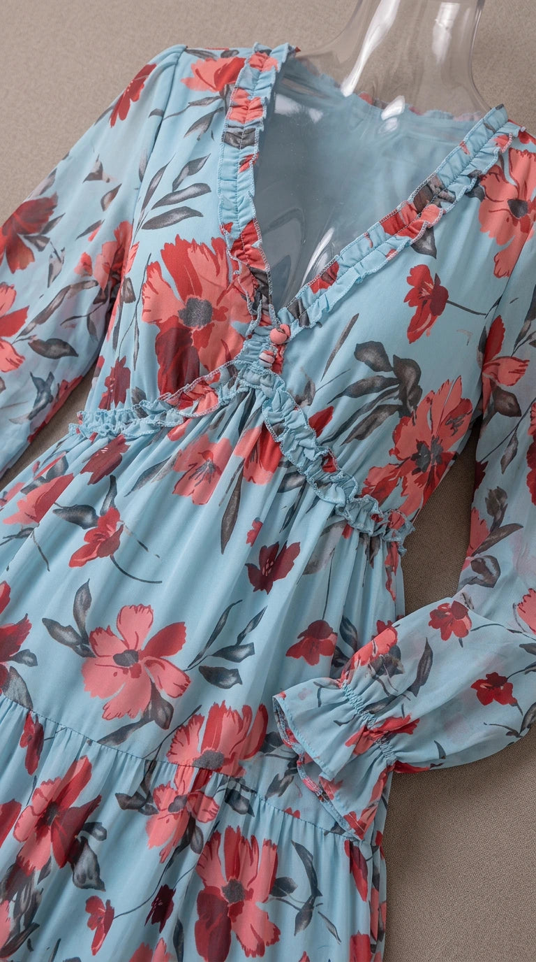 Close-up detail of V-neckline and fabric texture of light blue floral dress