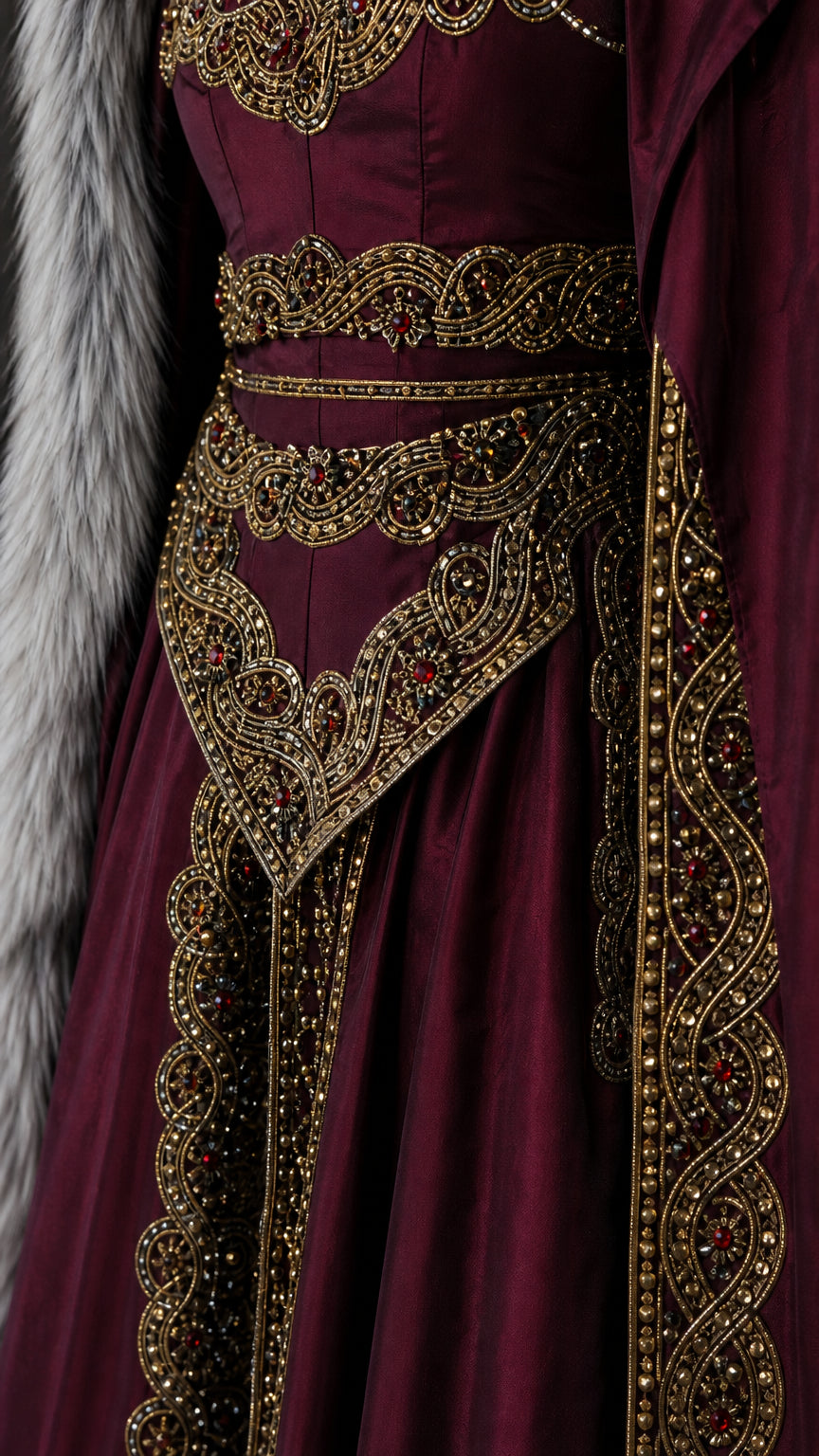 Close-up of the intricate gold embroidery and beading on the bodice