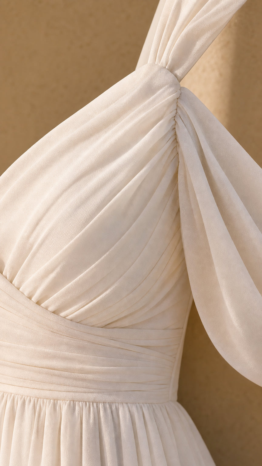 Close-up detail of pleated bodice and cold-shoulder strap construction