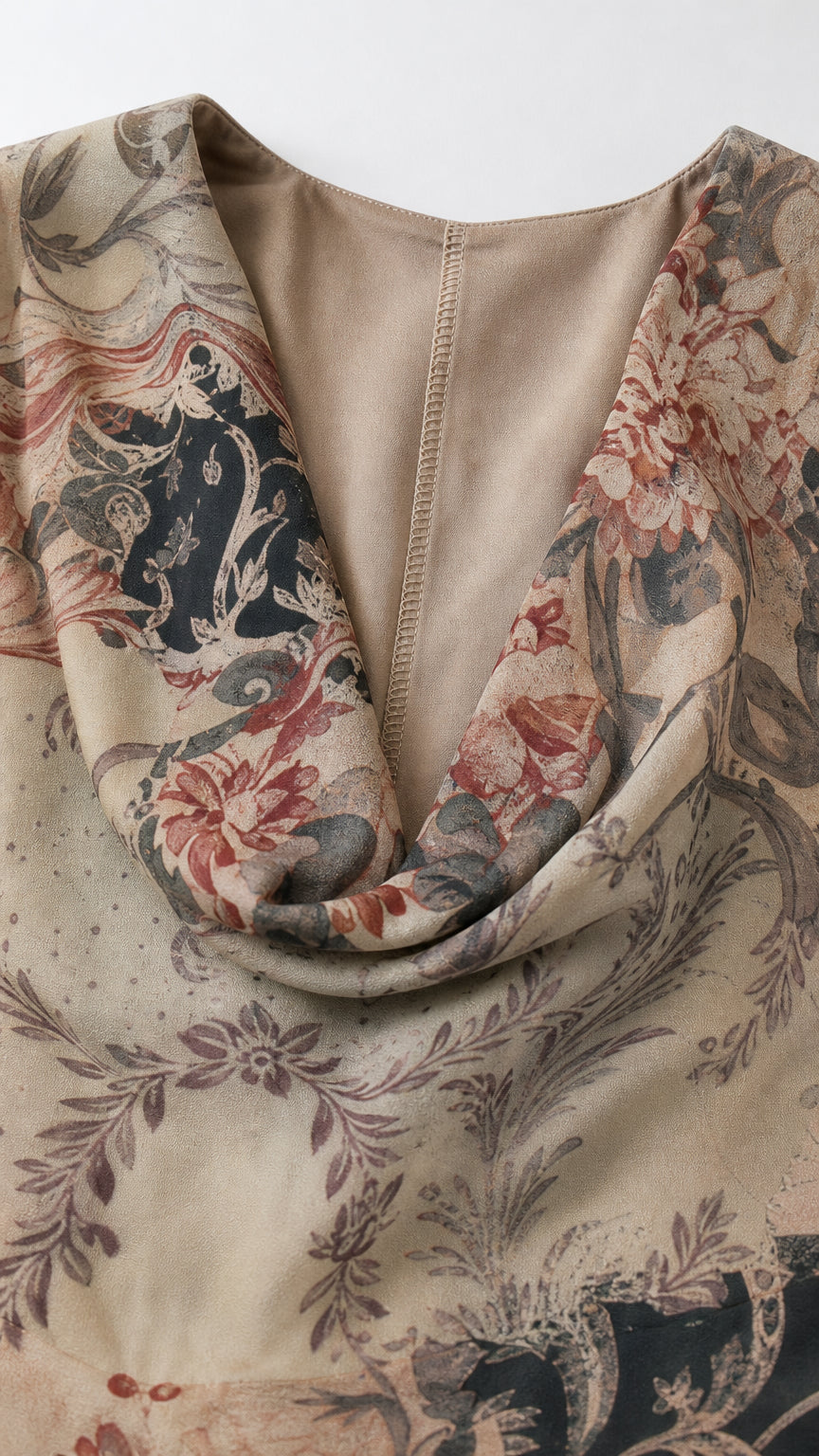 Close up of cowl neckline and floral print detail