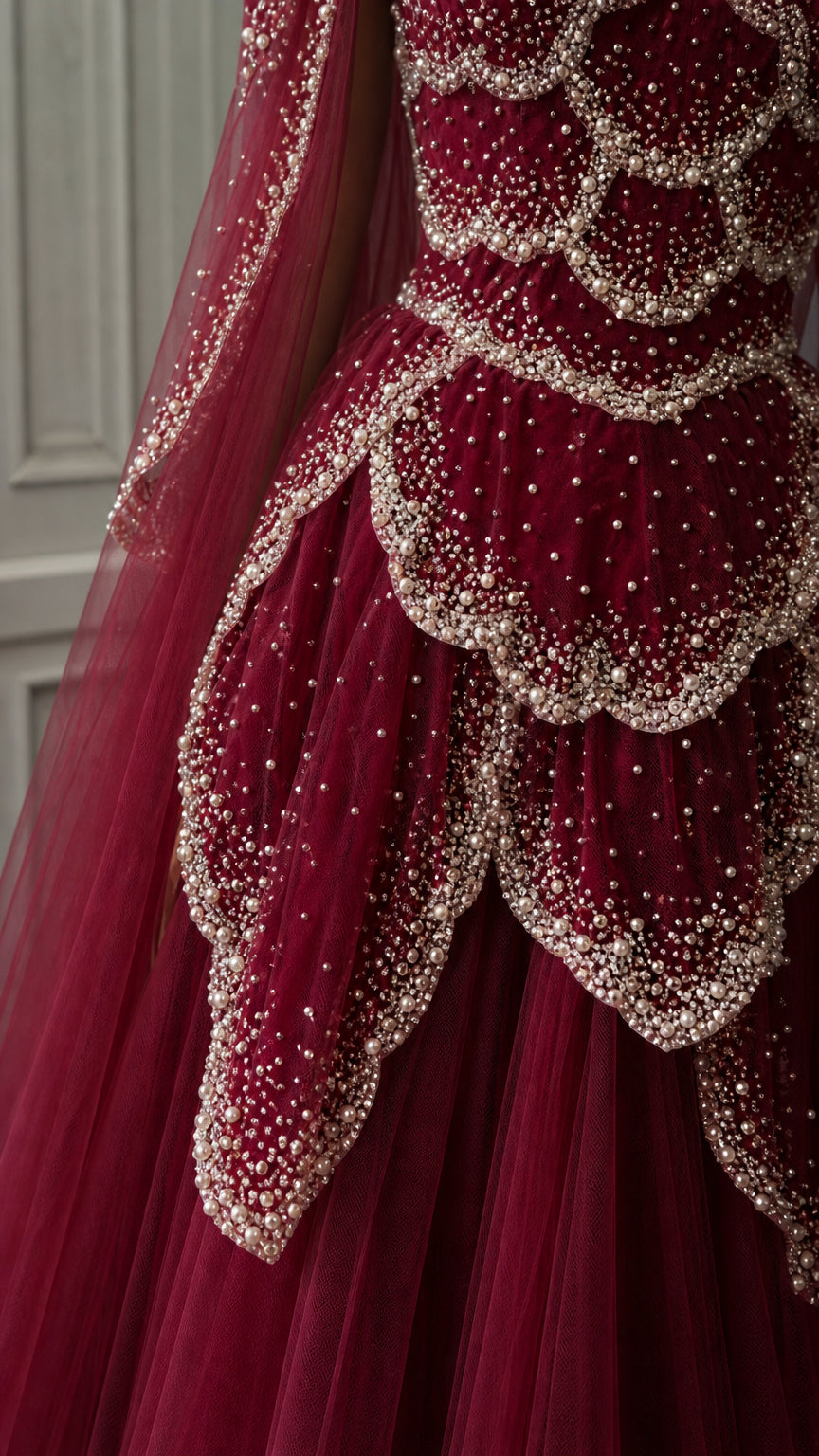 Close-up detail of intricate pearl and bead embellishments on the bodice overlay