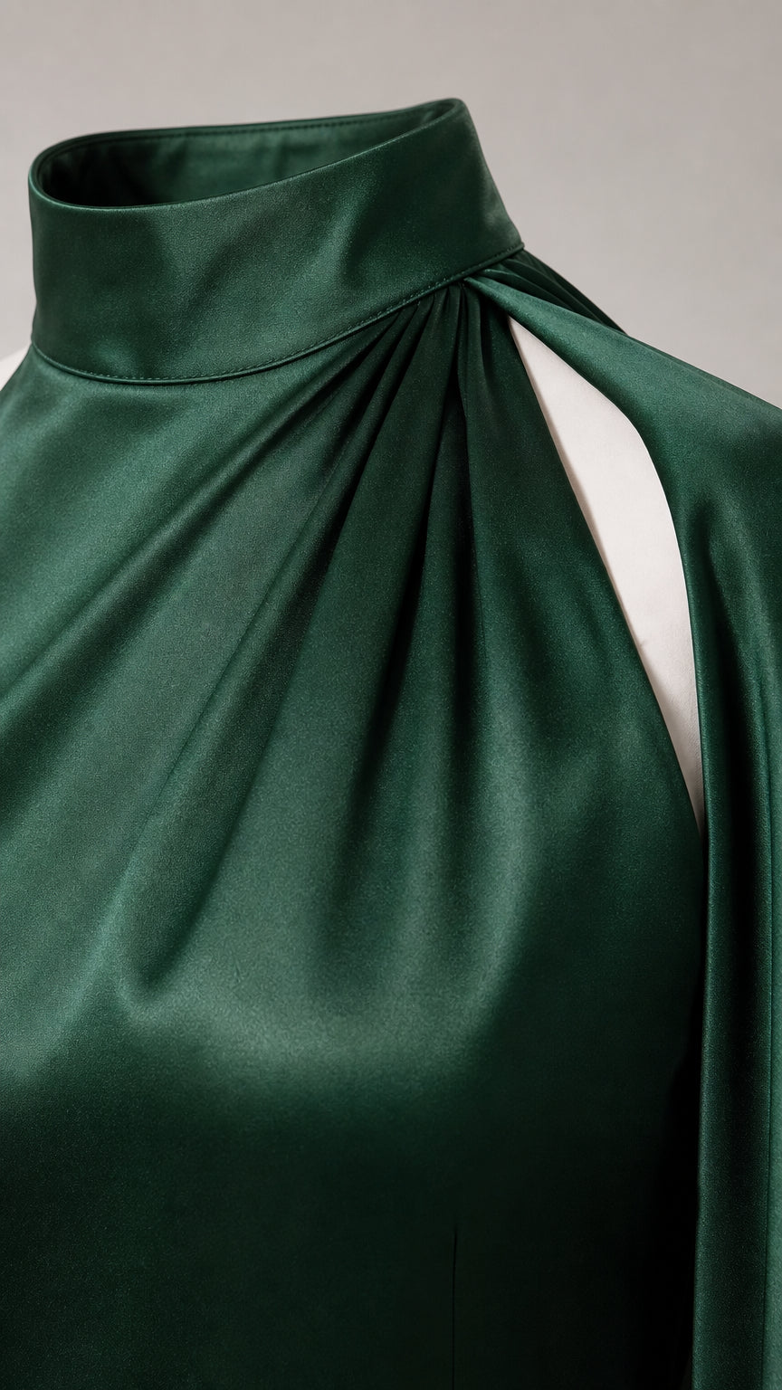 Close-up detail of mock neckline and shoulder gathering