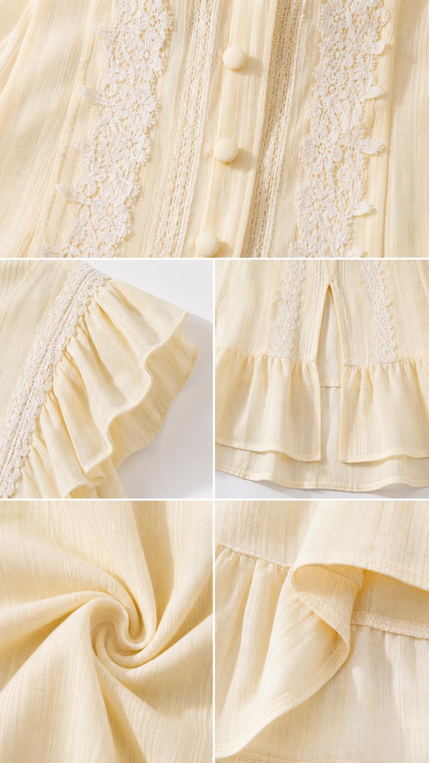 Close-up details of buttons, lace trim, and textured fabric on yellow dress