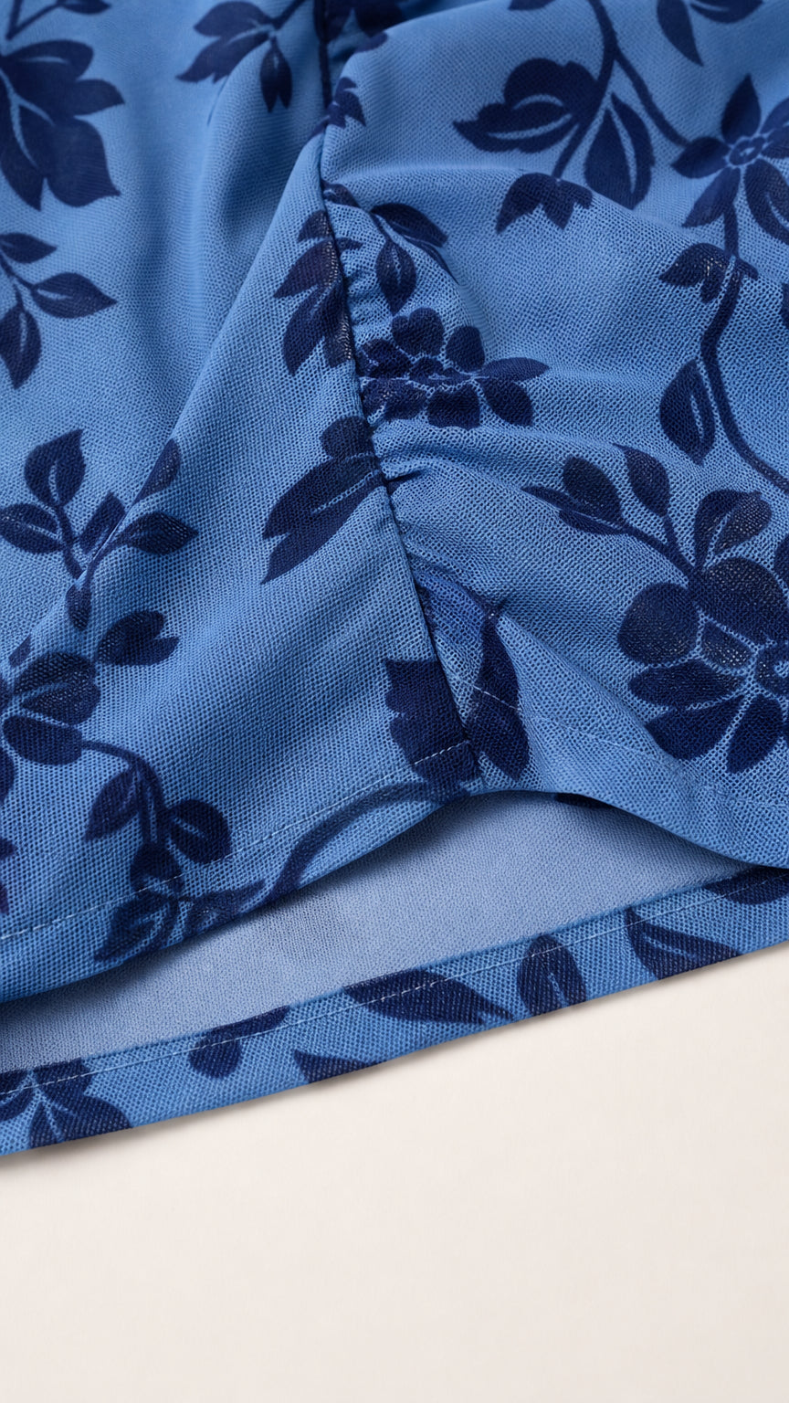 Close-up of fabric texture on blue floral midi dress