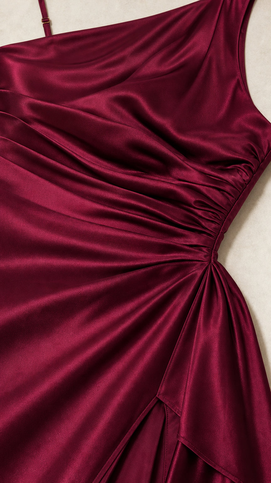 Close-up detail of ruched bodice and satin fabric texture