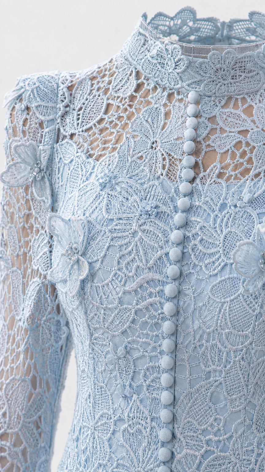 Close-up detail of the high neckline, lace pattern, and covered buttons