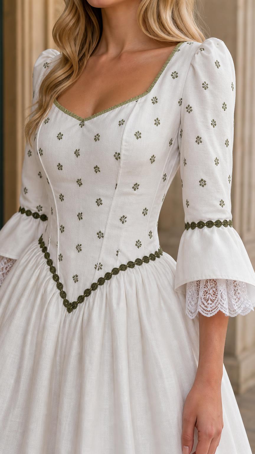 Close-up of bodice, sweetheart neckline, and bell sleeves
