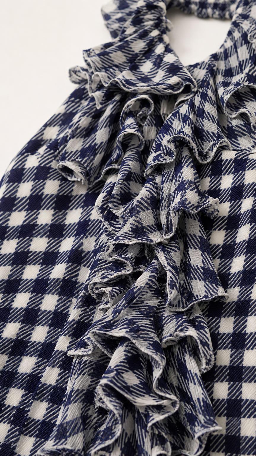 Close-up detail of cascading ruffles on navy gingham fabric