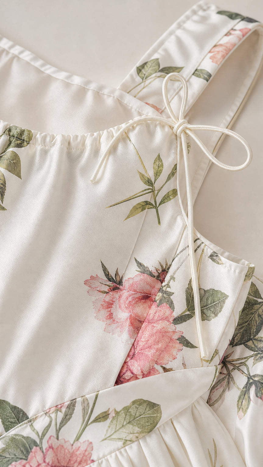 Close-up of square neckline, tie straps, and fabric pattern