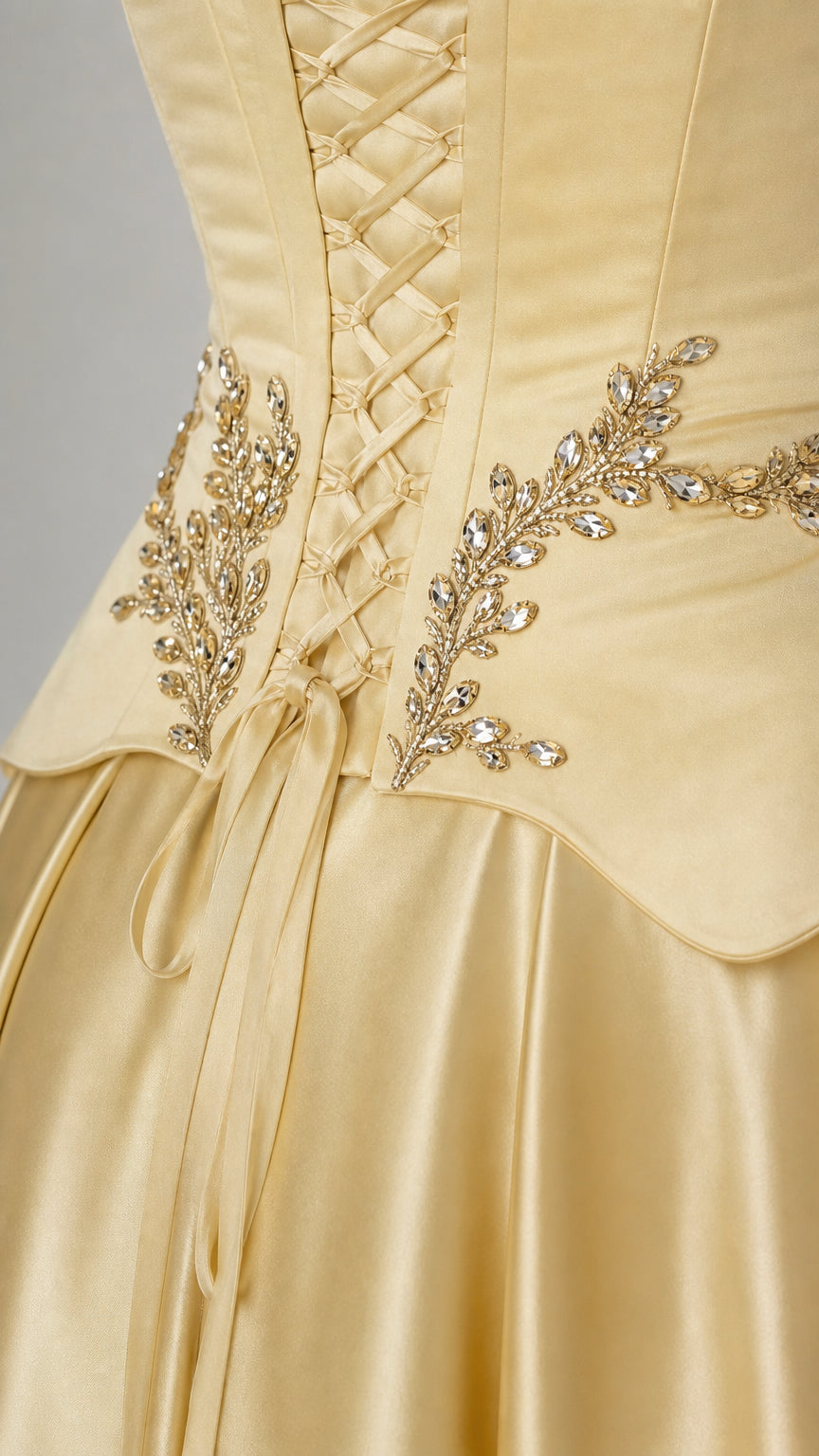 Close-up detail of beaded embroidery and lace-up corset back