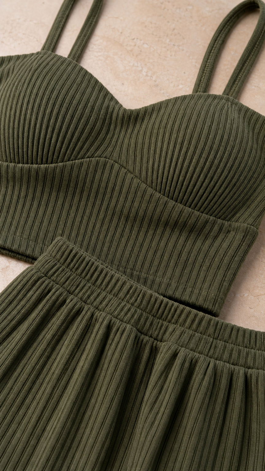 Close-up of olive ribbed fabric on cami crop top and skirt waistband