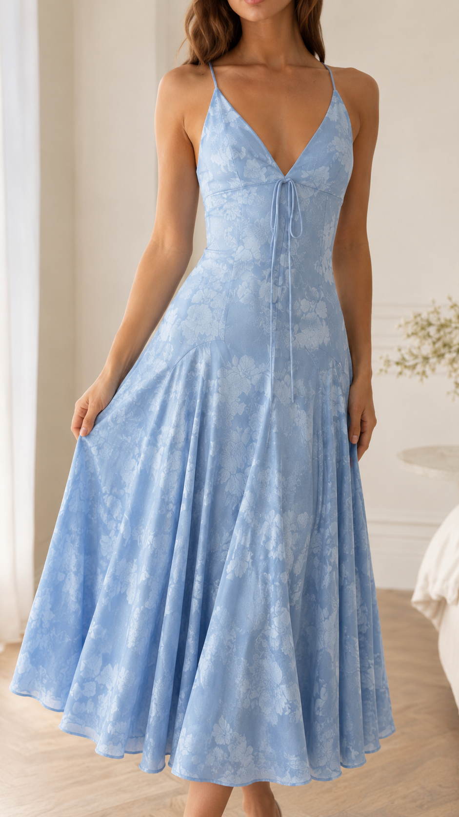 Close-up of sky blue floral textured midi slip dress bodice and flowing skirt