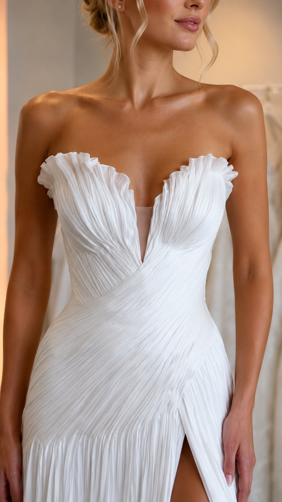 Close-up of white sweetheart bodice with pleated texture and plunge inset