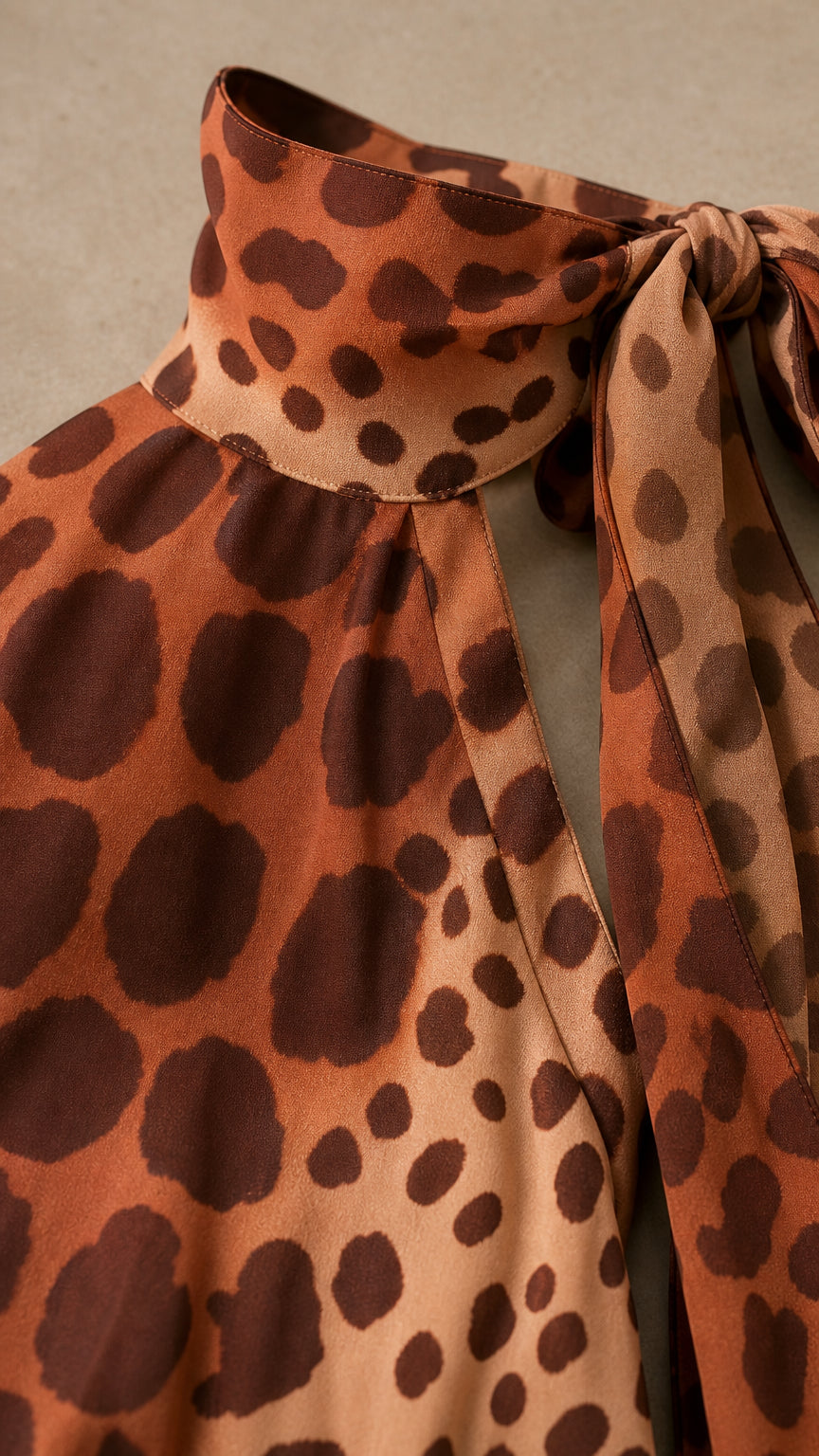Close-up detail of halter neckline and self-tie bow fabric