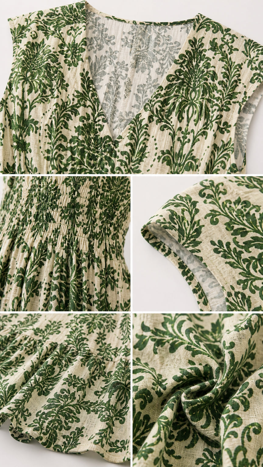 Close-up details of V-neck, smocked bodice, and fabric texture