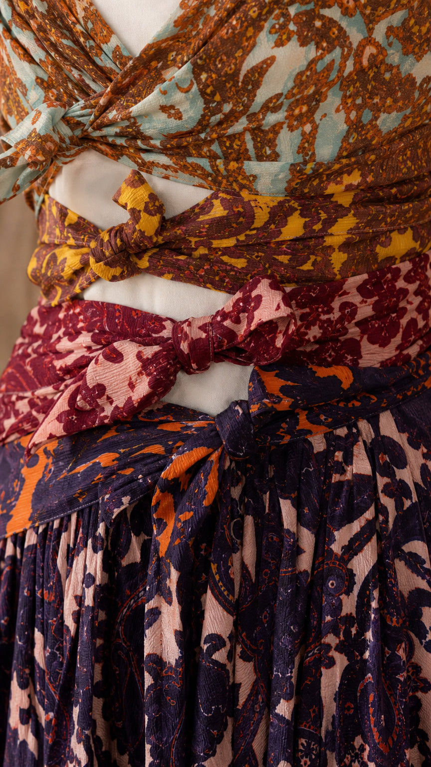 Close-up of front multi-tie knots and pattern details