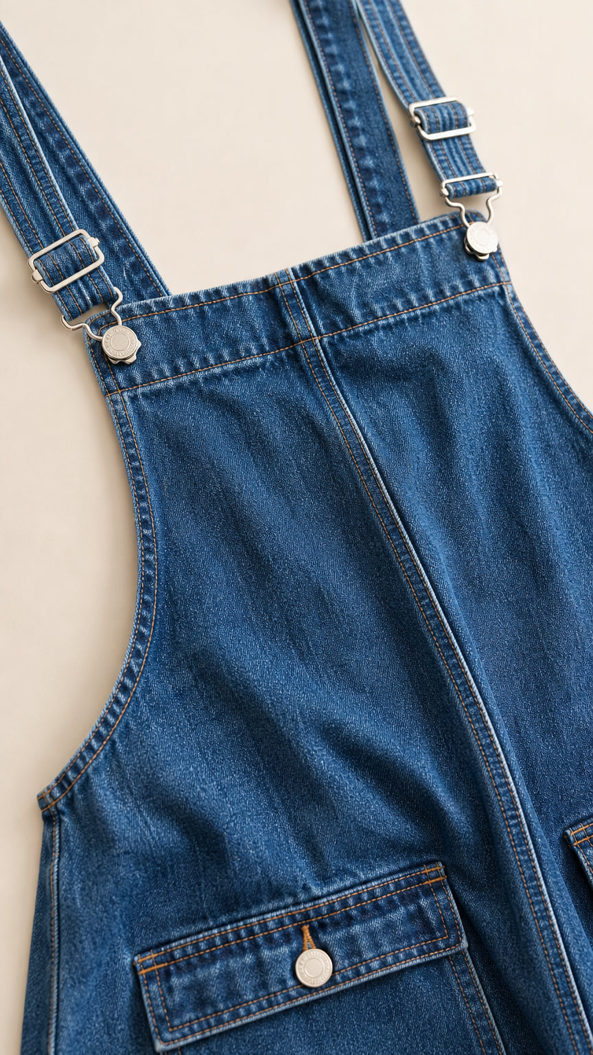 Close-up detail of blue denim overall dress straps and front pocket